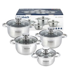 Набір кастрюль Ofenbach з нержавіючої сталі 8 предметів для індукції та газу (1.1л, 1.7л, 2.4л, 3.4л) KM-100004